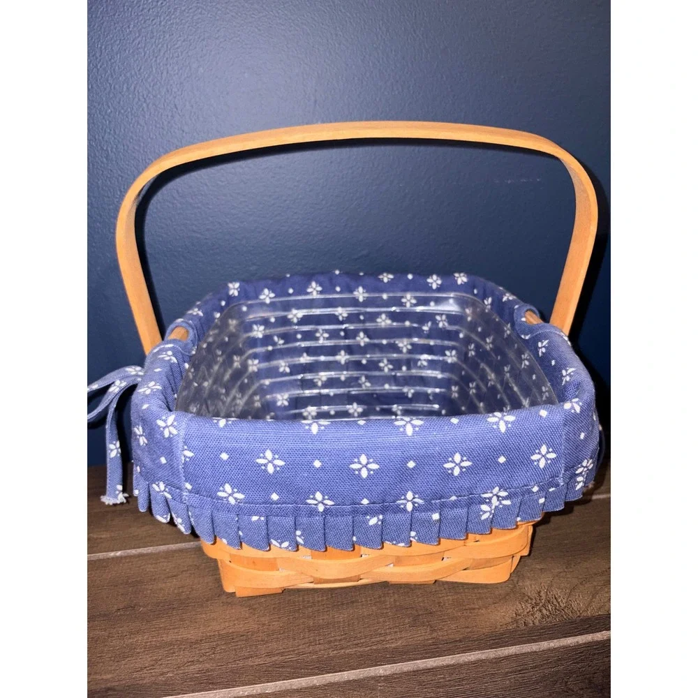 Longaberger Woven Wood Basket Blue Floral Liner Plastic Protector‎ Swing Handle